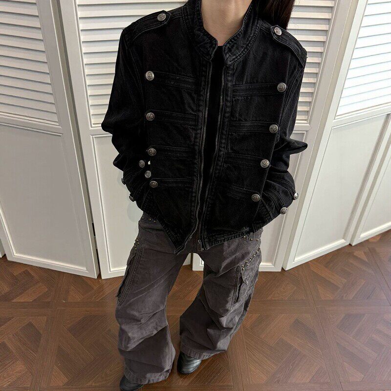 欧美暗黑宫廷风复古立领牛仔夹克