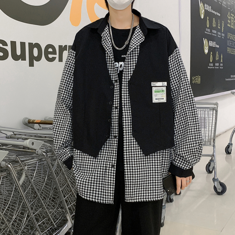 高级感炸街衬衫男设计感小众格子拼接马甲假两件衬衣长袖痞帅上衣