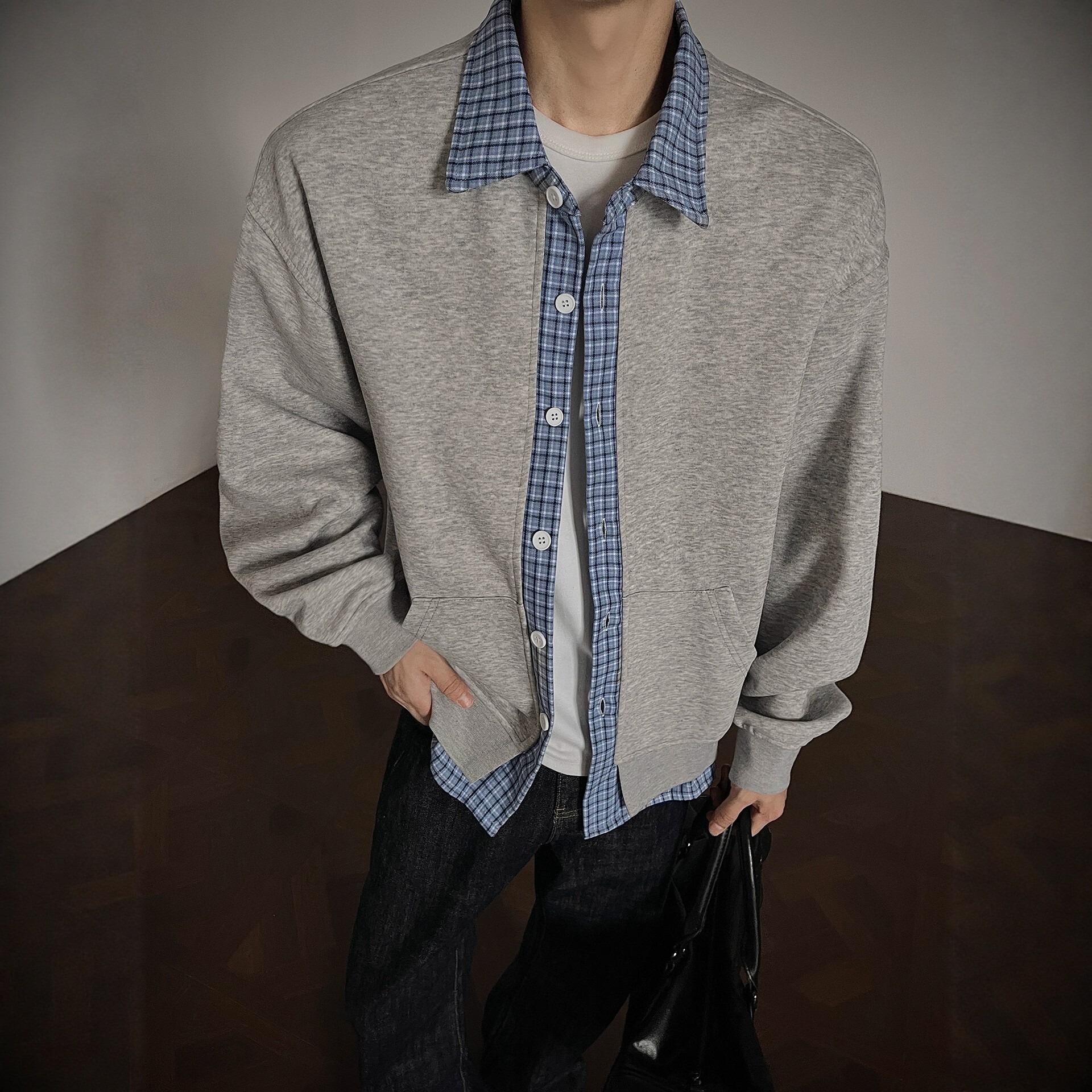 假两件格子拼接卫衣外套男款春秋季美式潮牌宽松学院风痞帅夹克潮