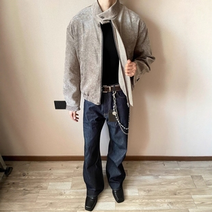 美式复古树纹肌理千鸟格内里哈灵顿夹克男秋冬季cleanfit短款外套