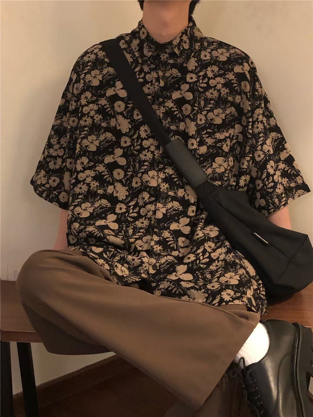 复古港风碎花衬衫男短袖高级感