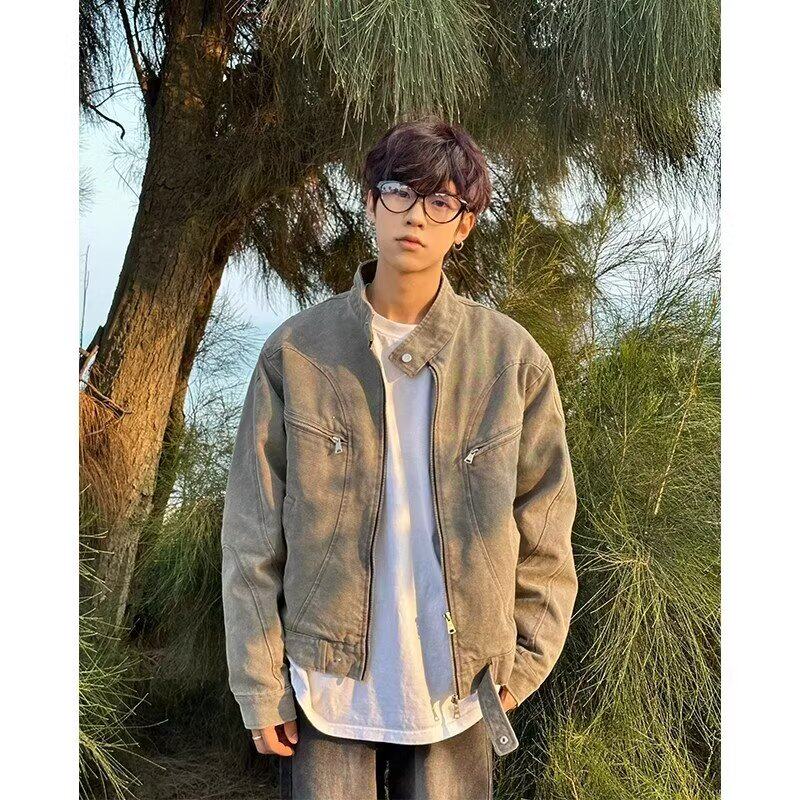 复古哈灵顿短款牛仔棒球服夹克