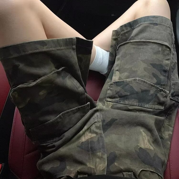 多口袋迷彩短裤男款夏季美式水洗牛仔五分裤高级感宽松直筒裤子