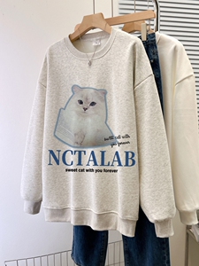 美式复古可爱猫咪印花圆领卫衣女春秋季宽松休闲薄款外套ins上衣
