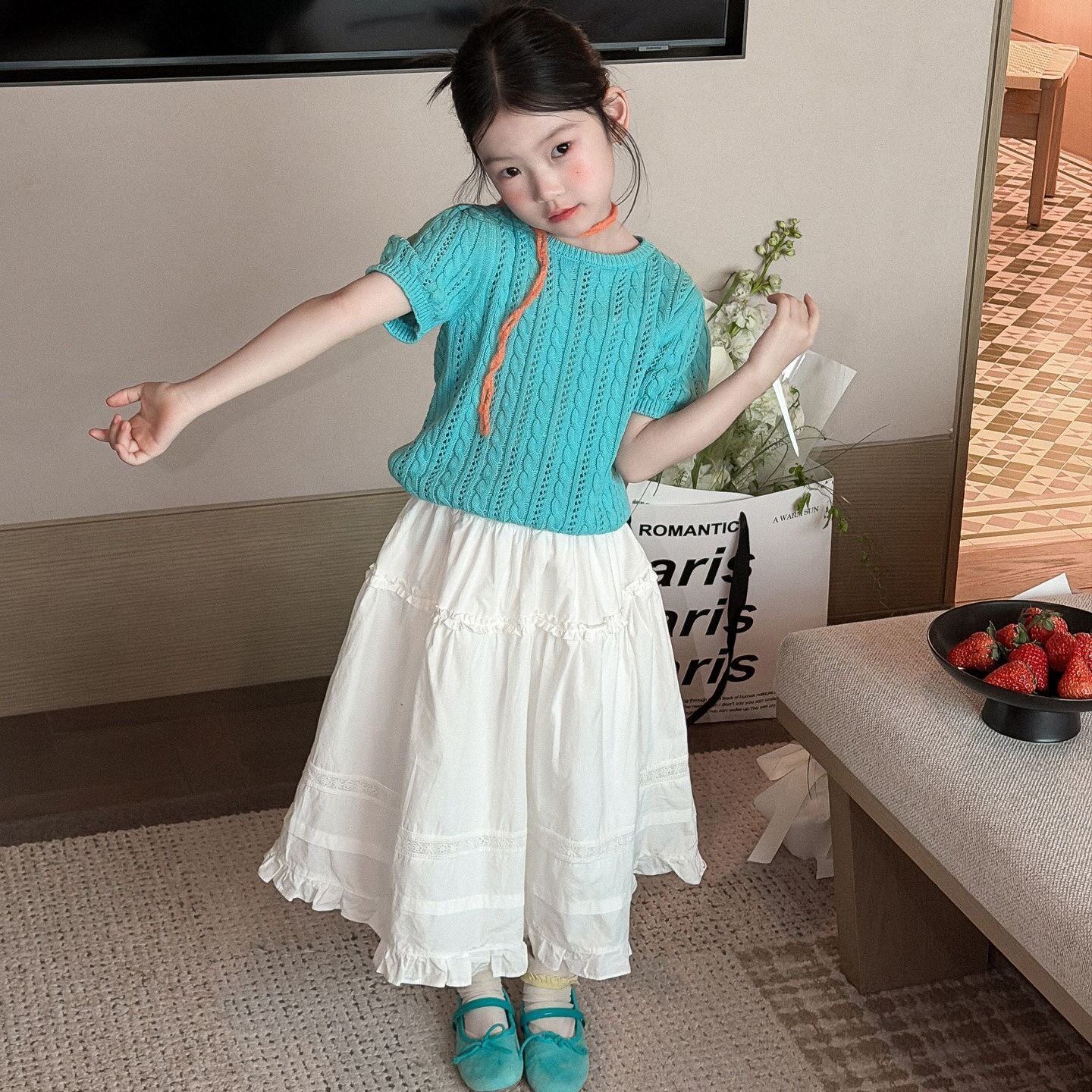 韩版童装2026春夏季新款女童简约甜美麻花短袖针织毛衣木耳边半裙