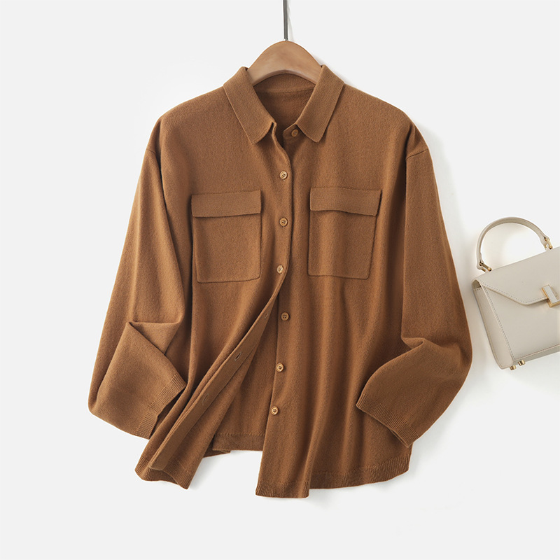 秋季新款女装COS同款100羊毛针织开衫女休闲翻领长袖毛衣衬衫外套