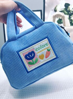 轻便可爱灯芯绒午餐饭盒包小学生手提小包包手拎小号便当包斜挎