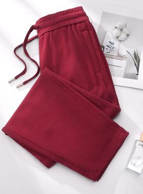 安可拉红裤子女2025秋季新款直筒运动裤高腰拉链口袋休闲全棉卫裤