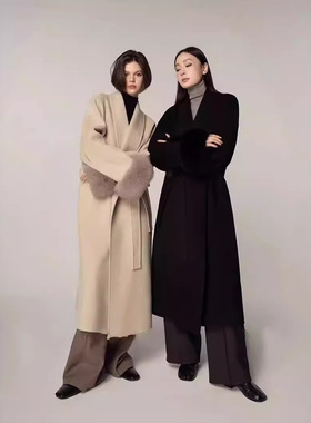 周淼ZHOUMIAO 100绵羊毛双面呢大衣女秋冬可拆卸真狐狸毛毛呢外套