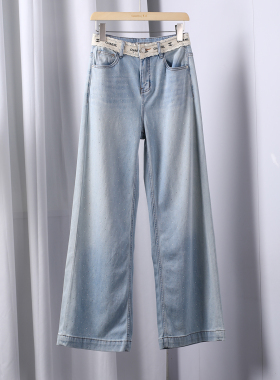 欧货浅蓝色窄版烫钻牛仔直筒裤女2025新款高腰显瘦宽松气质阔腿裤
