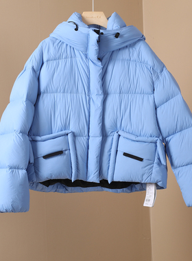 时尚新款蓝色泡芙羽绒服女短款连帽宽松90白鸭绒蓬松面包服外套