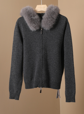 2025新款狐狸毛领双拉链针织开衫女时尚高级感深灰色毛衣外套上衣