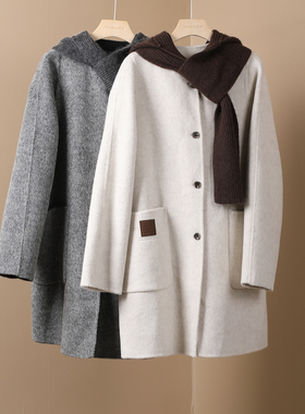 新款温柔韩系风可拆卸连帽围巾双面羊绒大衣女中长款显瘦百搭外套