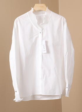 2026春季新款通勤立领白色长袖衬衫女时尚宽松百搭减龄木耳边上衣