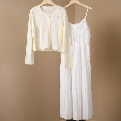 夏显瘦针织开衫吊带裙两件套