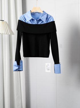 欧洲站2025早春新款小众设计卷边袖口衬衣领拼接一字肩气质假两件