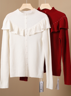 设计感通勤风荷叶边半高领100%全羊毛针织衫女长袖毛衣洋气上衣