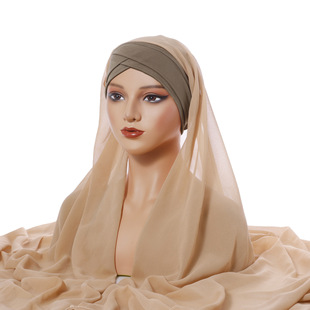 纱巾帽新款方便雪纺包头巾四季素色雪纺围巾女士额头交叉头巾帽