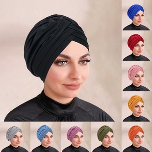 包头帽新款纯色交叉褶皱头巾帽三交叉打底帽回族弹力套头月子帽
