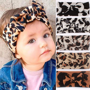 ins新款宝宝豹纹印花头带 儿童宽边无痕蝴蝶结头巾 婴儿发带