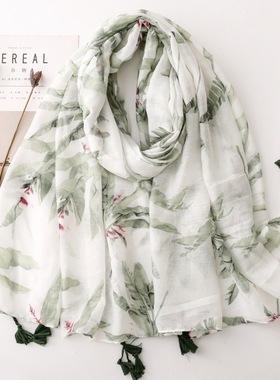 围巾薄款加密巴厘纱丝巾春夏小清新绿色热带植物巴厘纱流苏披肩