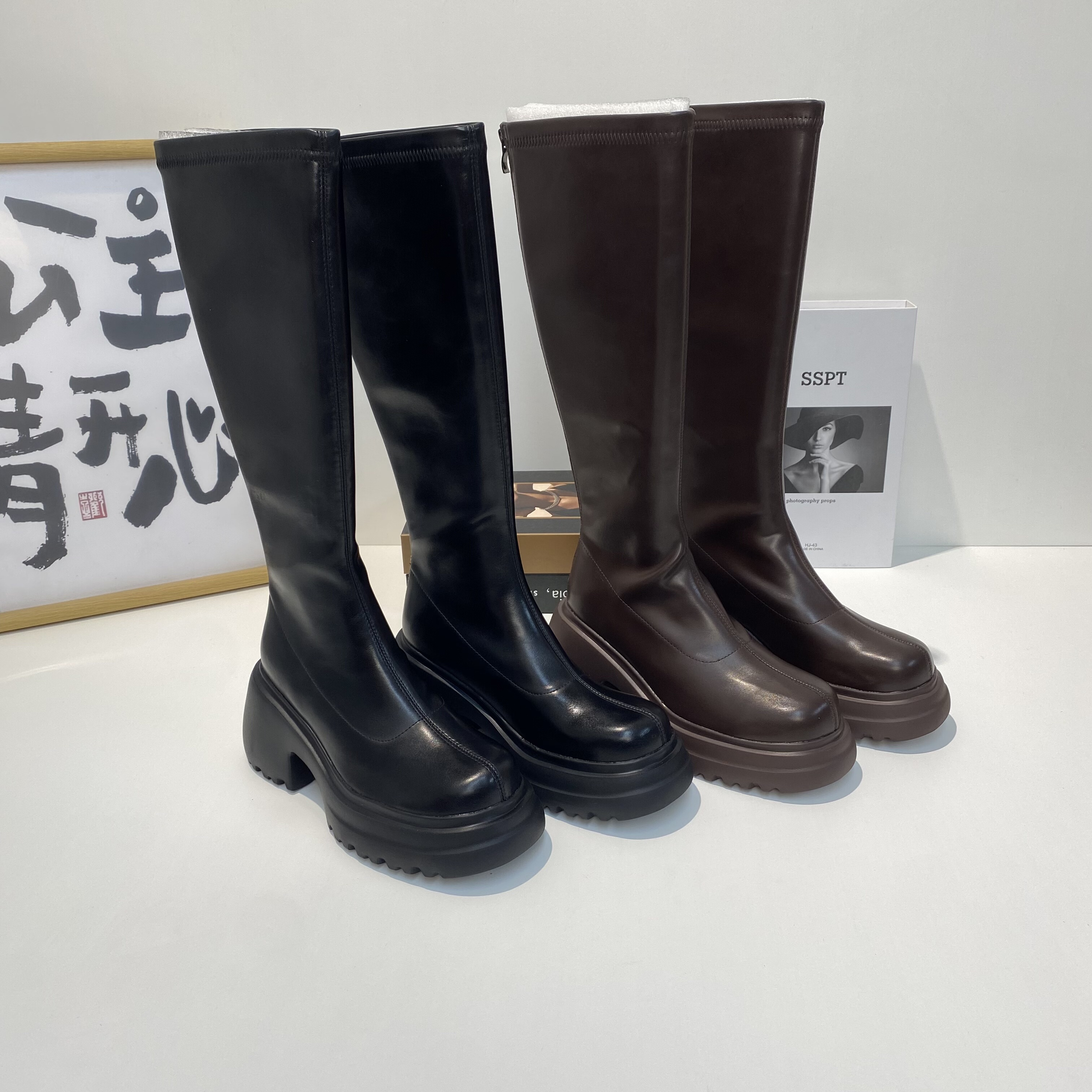 时尚休闲小个子靴子女长筒靴圆头粗跟厚底骑士靴防滑显瘦高筒靴