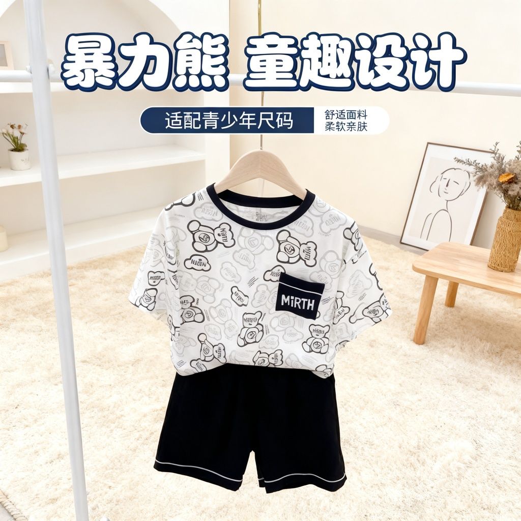 海小丫春夏青少年纯棉短袖短裤卡通宽松舒适可外穿家居服2520392图片