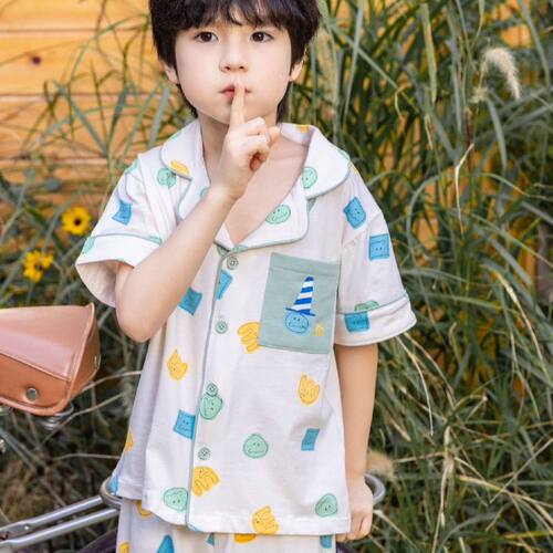 洛洛春夏男童礼盒装翻领短袖中裤薄款莫代尔儿童家居套装LM2H2496