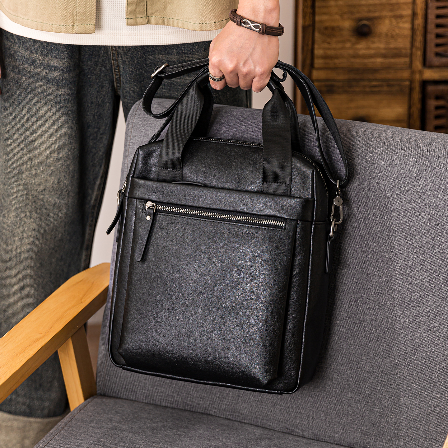 后步原创真皮斜挎包男士大容量休闲竖款单肩包牛皮通勤手提公文包