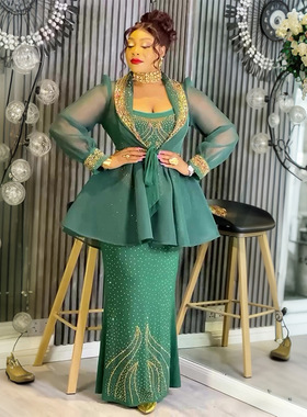 大码上衣女非洲长袖连衣裙烫钻长裙礼服two pieces outfit dresd