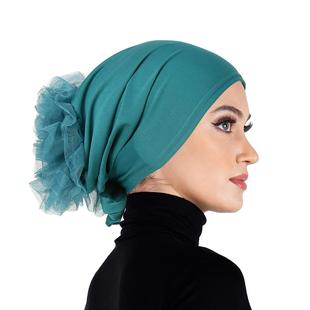 新款纯色水晶麻打底帽雪纺假花拼接大花帽女款绑带帽