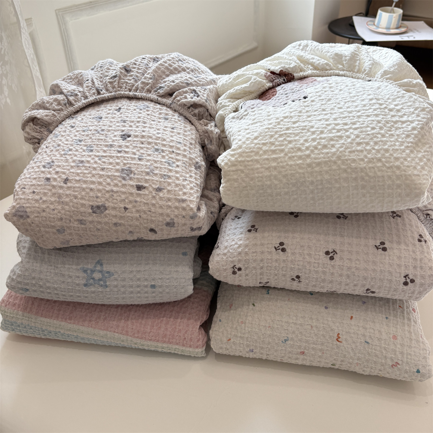 全棉华夫格床笠单件新款印花床套防滑三件套学生宿舍四季通用床罩