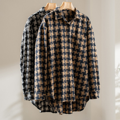 2025秋冬新款千鸟格衬衫舒适宽松休闲羊毛衬衣中性长袖时尚外套潮