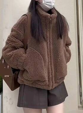 小个子仿长袖2024羊羔绒韩版外套上衣立领秋冬季羊羔毛外套女短款