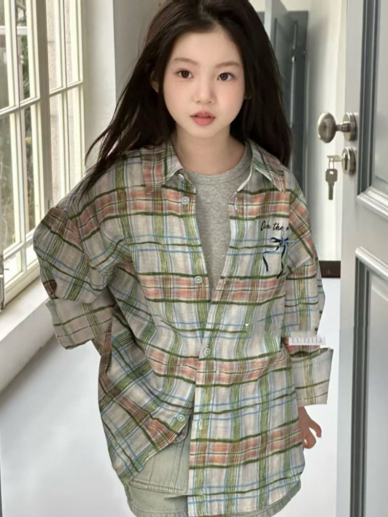 韩版2025春款女童格子衬衫中大童百搭上衣
