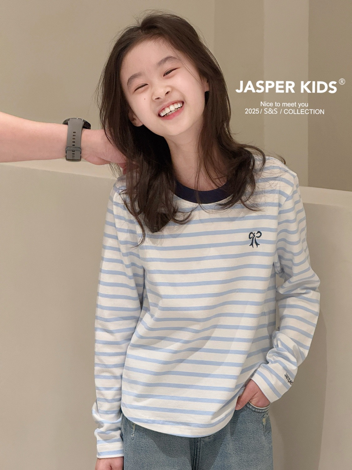 Jasper kids2025春款女童条纹长袖T恤中大童百搭打底衫