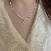 爱心坠珍珠碎银海蓝水滴白色珍珠项链小众设计锁骨链颈链女礼物
