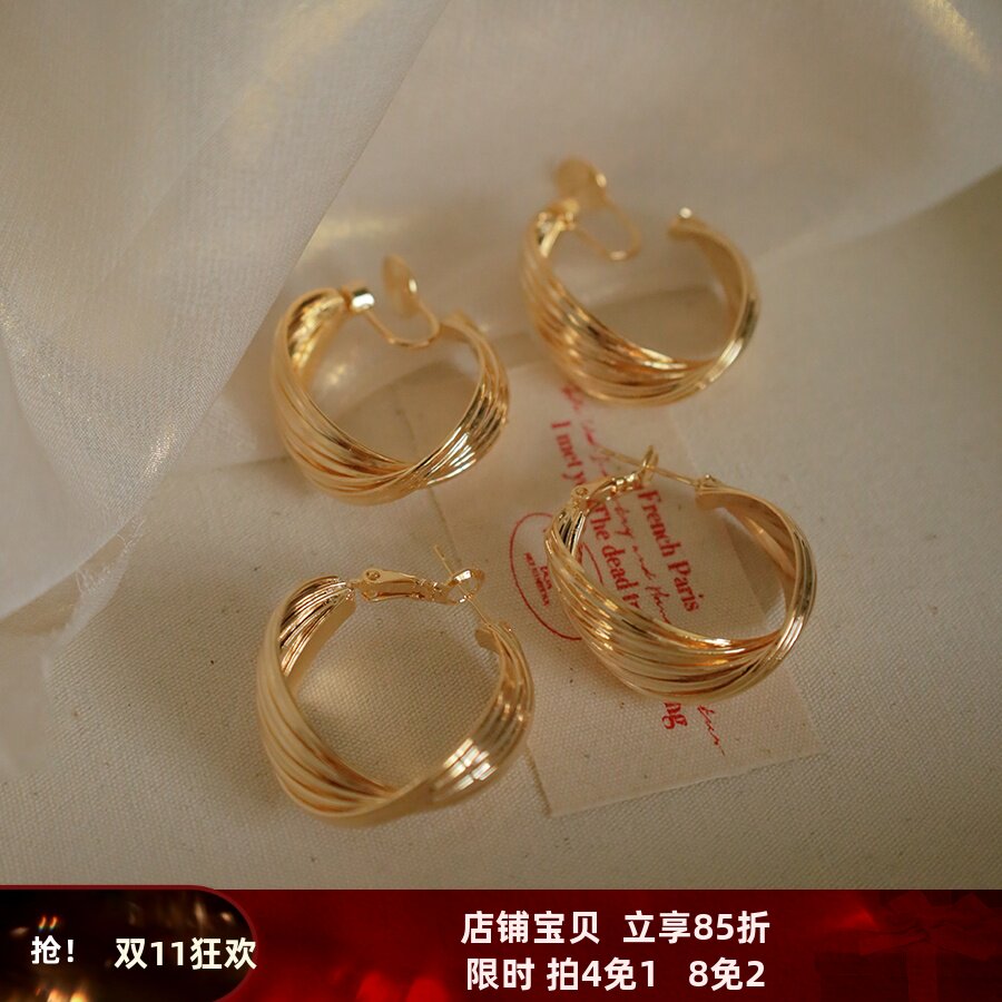 观雾眠时尚c位金属复古港风大圈圈耳环女小众辣妹素圈潮麻花高级