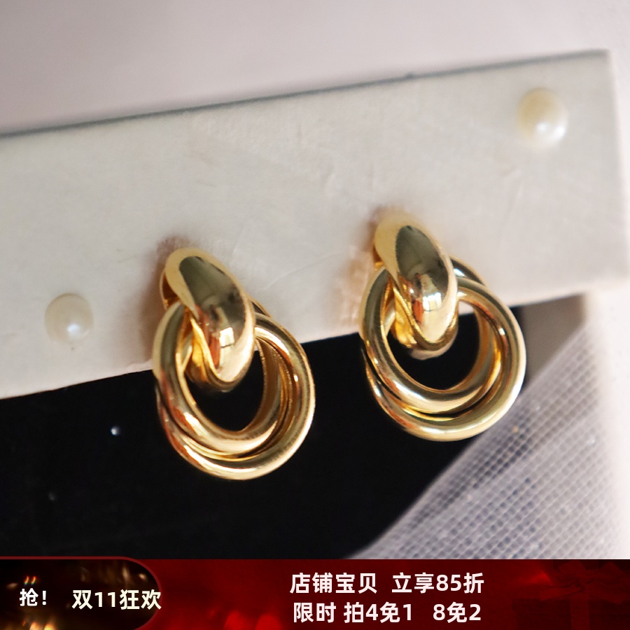 秋日限定 明星同款肌理圆圈圆环耳环耳夹合金镀18k真金冷淡风耳钉