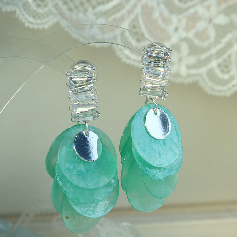 法式 小香锆石耳夹蓝色色贝壳耳环女无耳洞耳钉轻奢气质