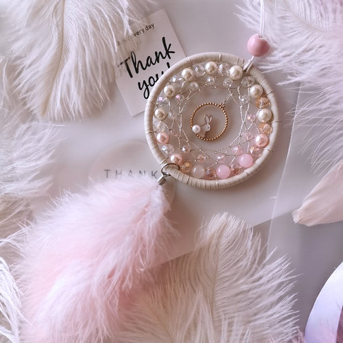 粉白玉兔车载车挂捕梦网/手工DIY材料包成品送女生礼物礼盒/包邮