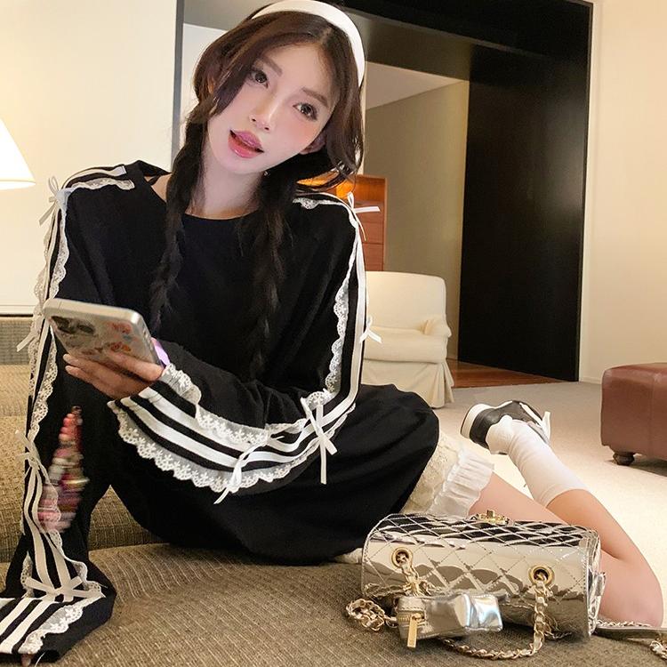 蝴蝶结黑色长袖宽松T恤女装秋季蕾丝拼接韩版中长款圆领百搭上衣