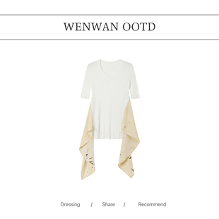 上衣 WENWAN 后背杀 拼色下摆不规则设计感针织早春新款 短袖