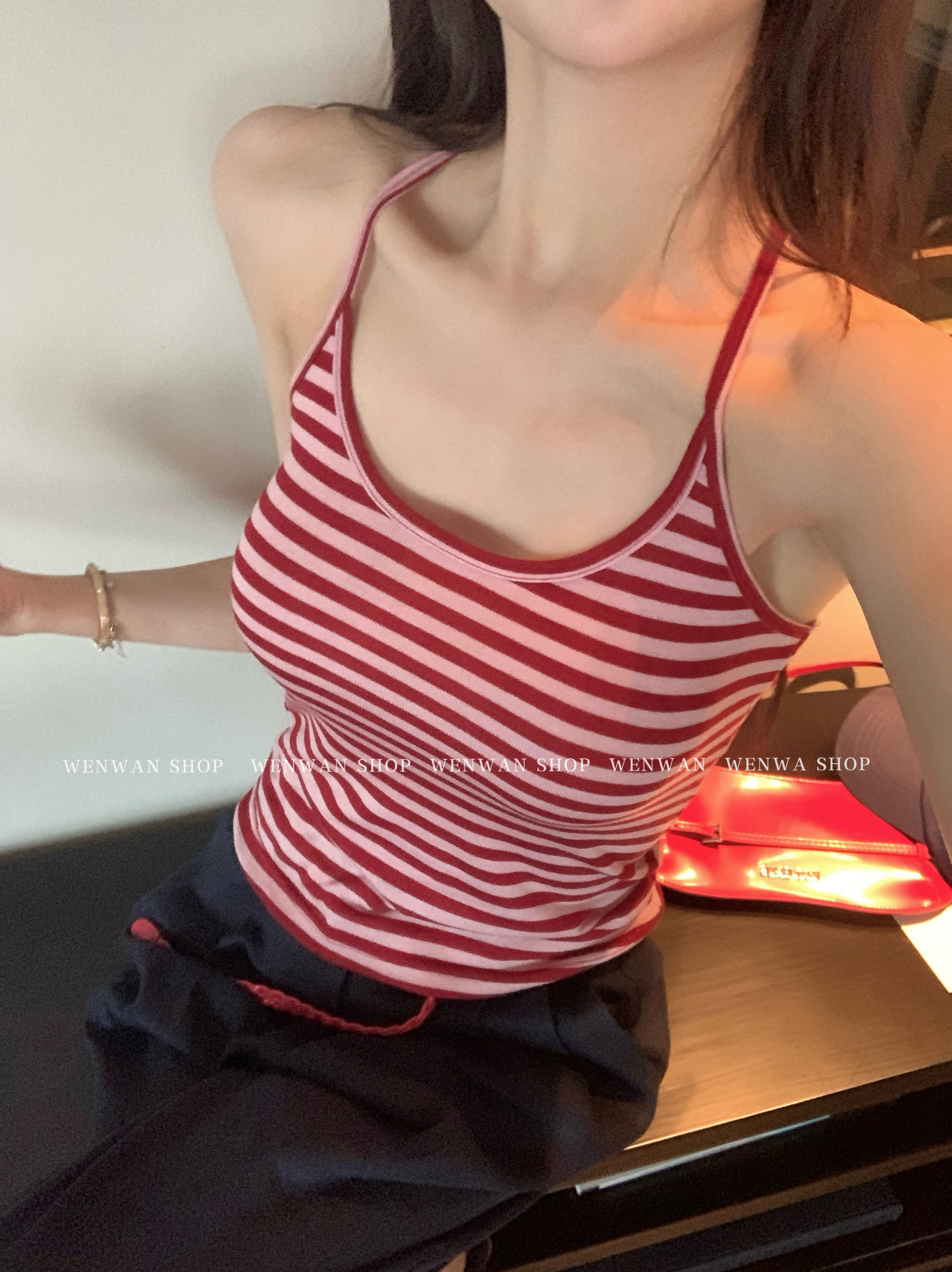 WENWAN【辣妹必入】条纹小吊带条纹性感辣妹打底背心外穿上衣吊带