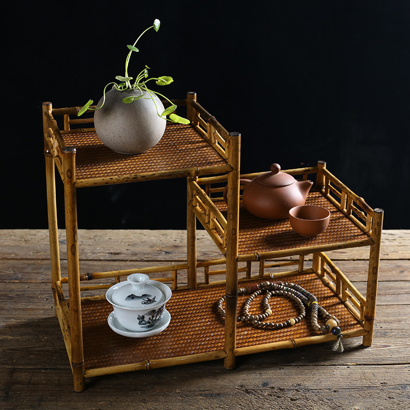 安吉竹迹多宝阁茶道摆件梅鹿竹三层茶具收纳整理架茶杯茶壶展示柜