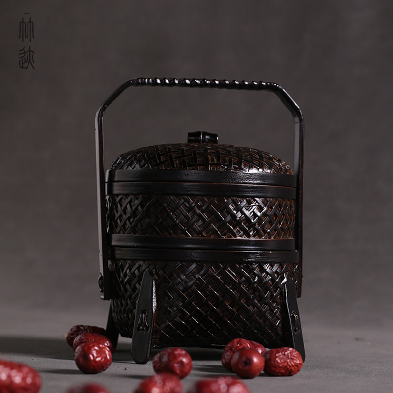 竹迹日式竹编糕点盒提柄干果盘古风点心盒茶点盒双层饭盒茶歇摆件