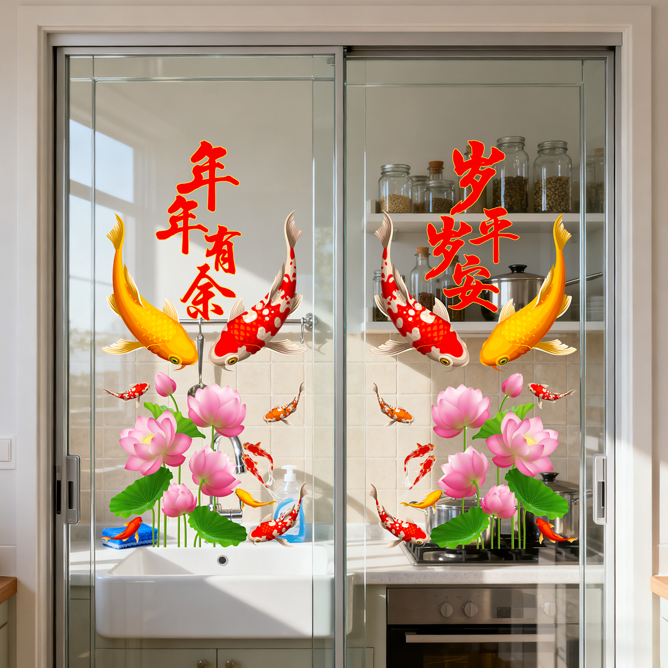 年年有余锦鲤荷花玻璃贴纸厨房门窗装饰防撞贴画新年春节静电贴