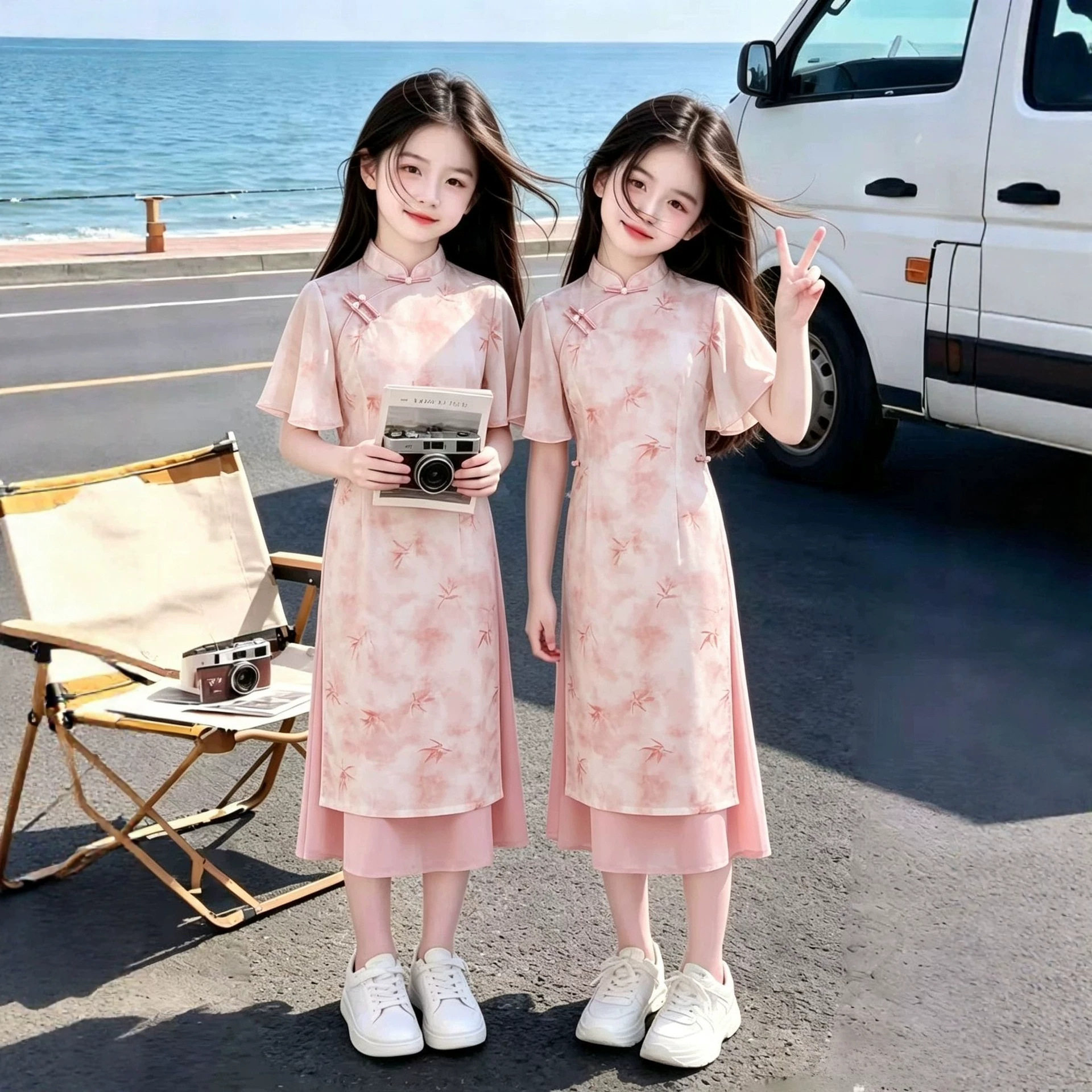 旅游度假女童旗袍新中式小孩公主富家千金感国风粉色连衣长裙夏装