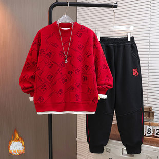 男童套装冬装新款儿童洋气卫衣长裤两件套加绒加厚中大童套装