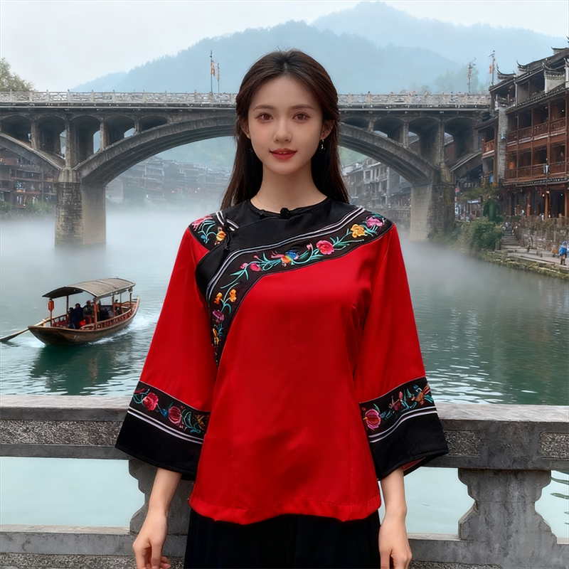 苗族土家族女装立领盘扣刺绣上衣